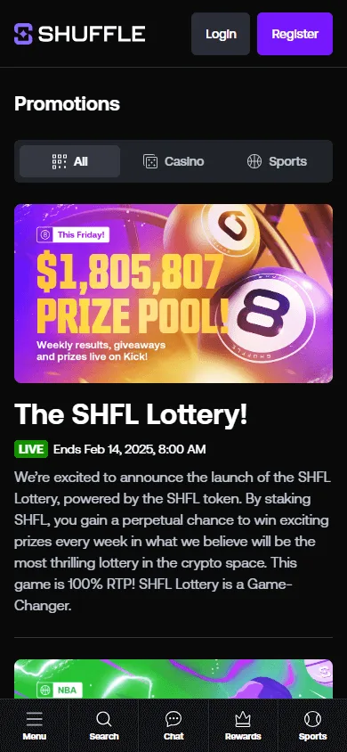 Shuffle Casino promotions interface displayed in a mobile browser