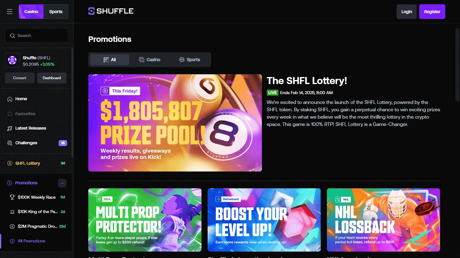 Shuffle Casino desktop promotions interface with bonuses and promotional events