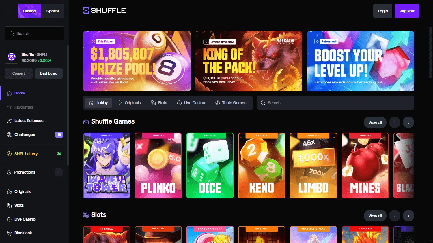 Shuffle Casino desktop home interface with the main platform areas