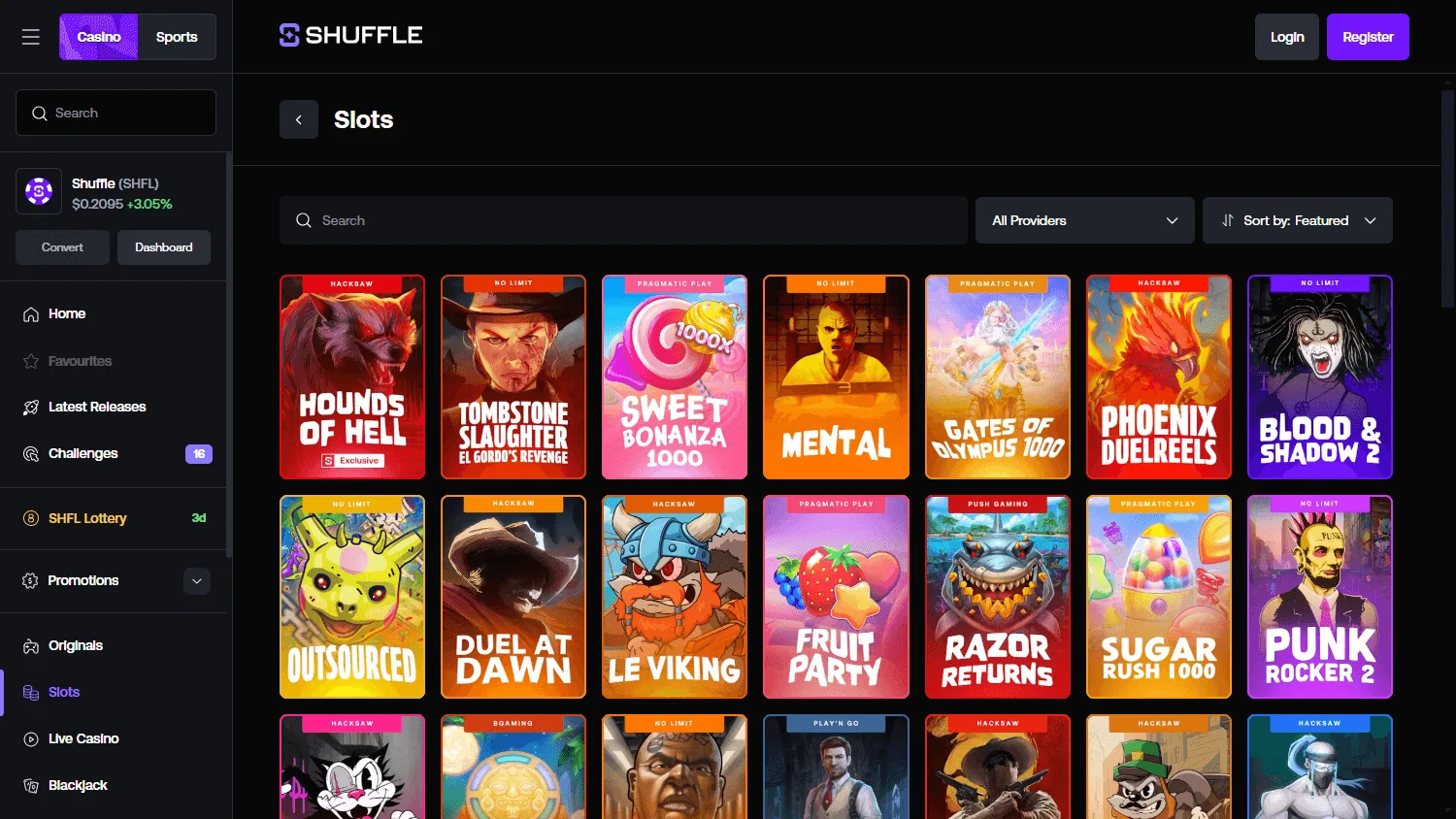 Shuffle Casino desktop games interface with casino titles and game categories