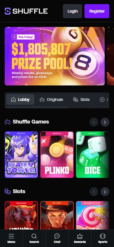 Shuffle Casino home interface displayed in a mobile browser