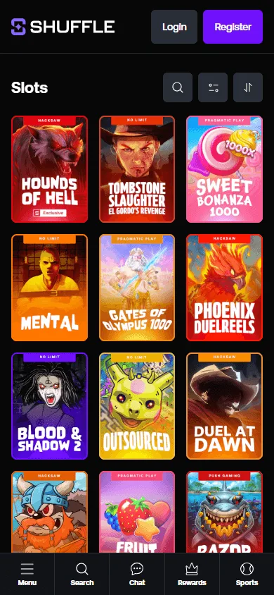 Shuffle Casino games interface displayed in a mobile browser